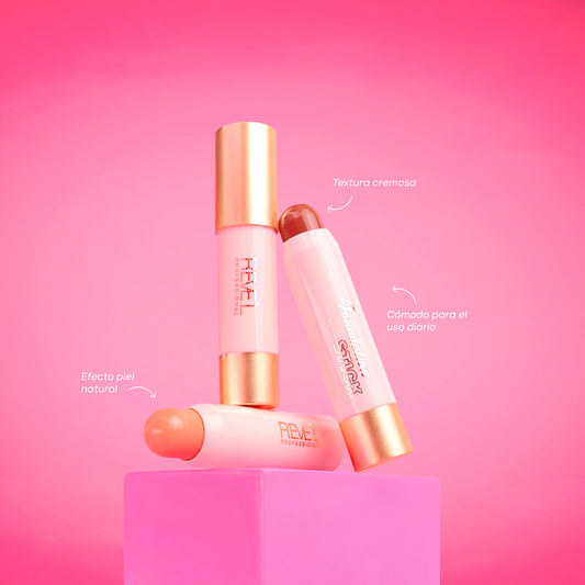 Foundation Stick textura cremosa Reve'l Professional en tres barras rosa con tapa dorada efecto piel natural