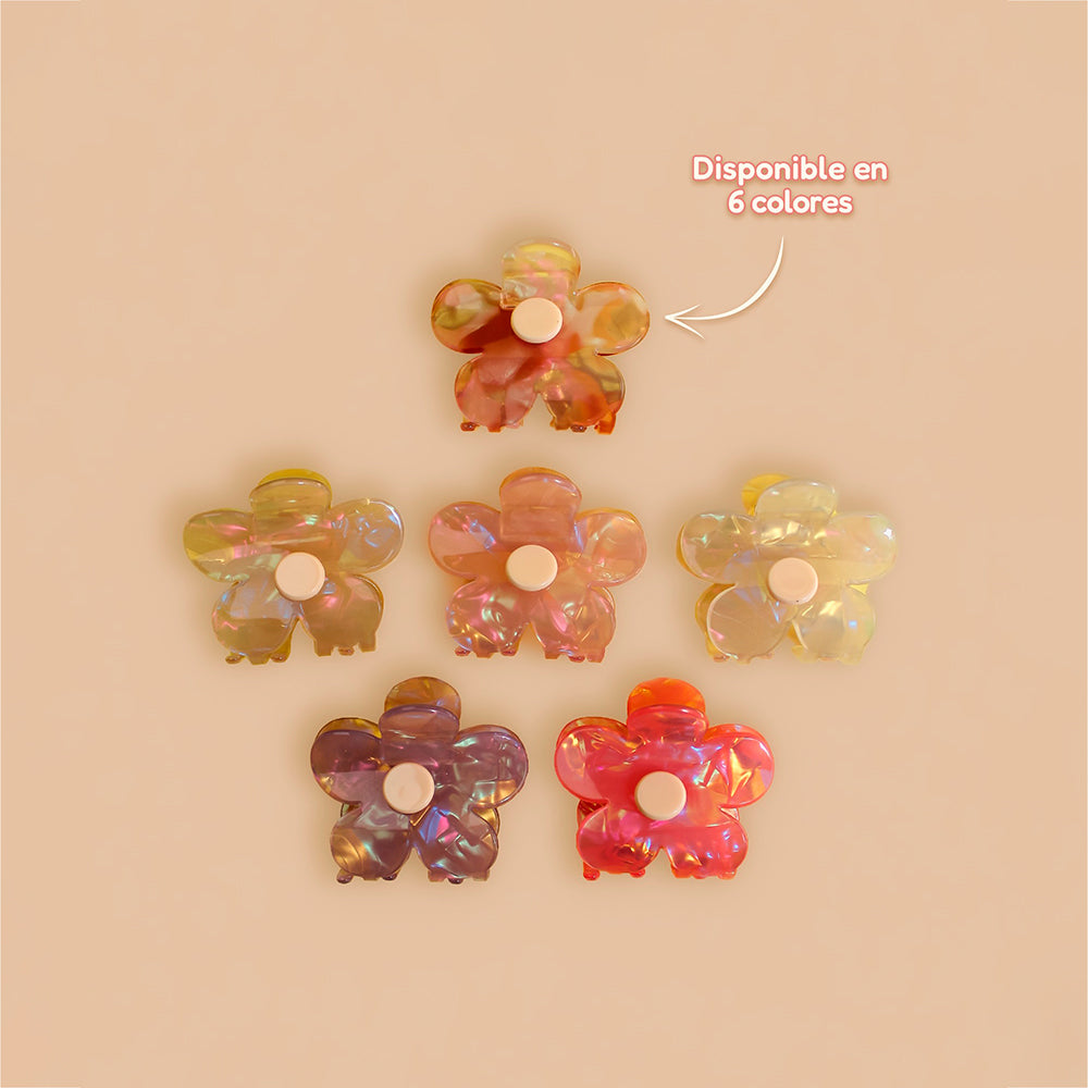 Gancho cangrejo en forma de flor tornasolada perlada disponible en 6 colores naranja amarillo rosado morado y rojo