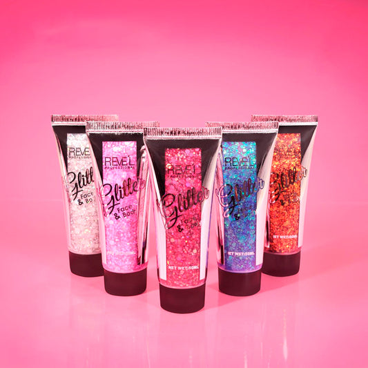 Glitter Face & Body 50ml Reve'l Professional en 5 tonos: blanco, rosa, fucsia, azul violeta y naranja rojo