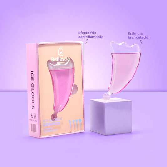 Ice Globes facial efecto frío desinflamante en forma de corazón con caja rosa sobre fondo lila — Bellespa Cosmetics