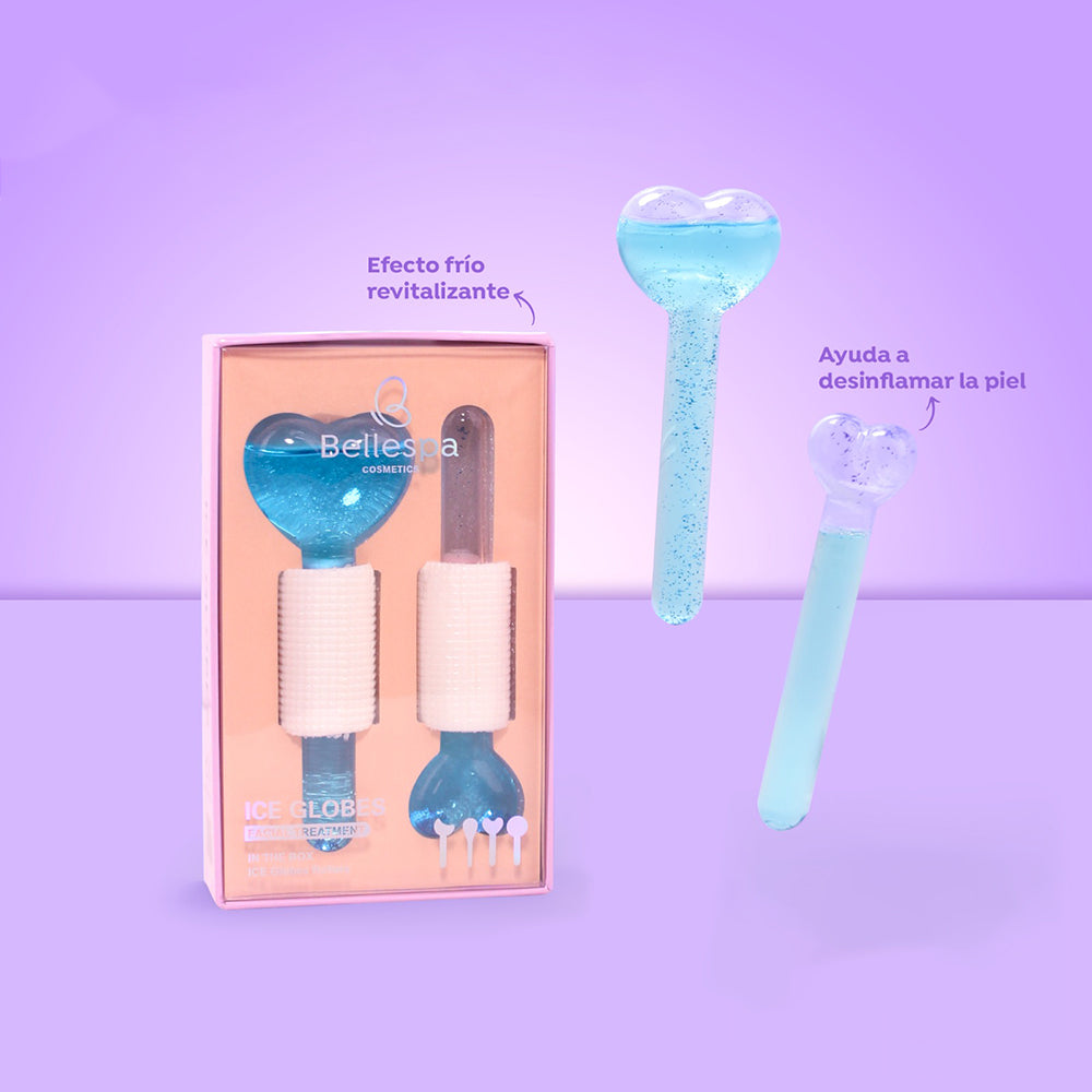 Ice Globes Facial Treatment Set Bellespa Cosmetics en forma de corazón azul con efecto frío revitalizante en caja rosa