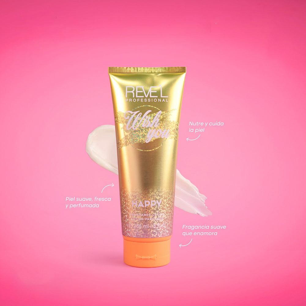 Wish You Happy Loción Corporal Perfumada 236ml Reve'l Professional con diseño holográfico dorado y tapa naranja en tubo metalizado