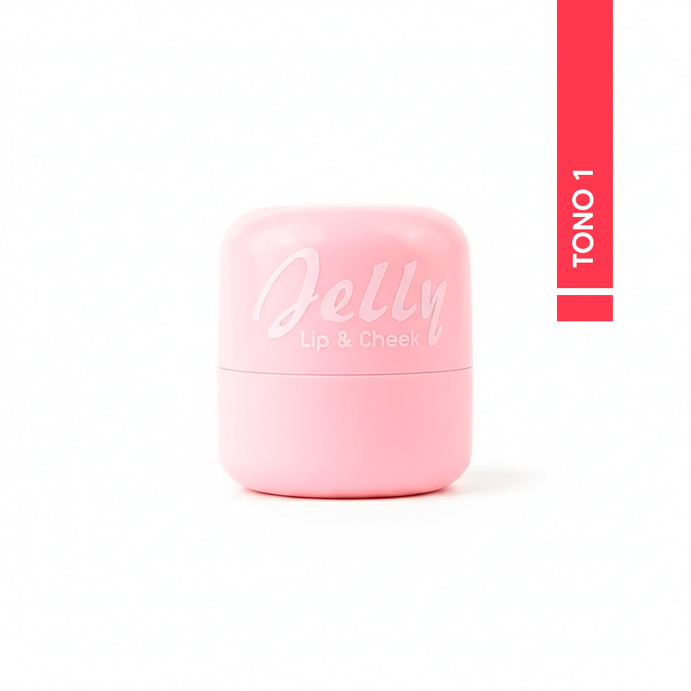 Jelly Lip & Cheek tinta de gelatina tono 1 rojo coral, envase rosa compacto