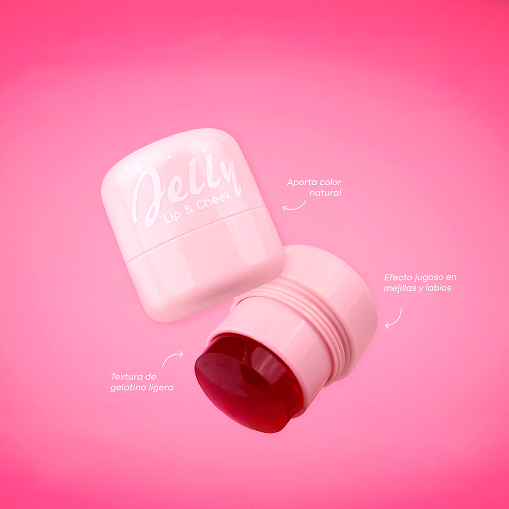 Jelly Lip & Cheek tinta de gelatina rosa para labios y mejillas, textura ligera efecto jugoso, envase rosa compacto abierto mostrando tono rojo