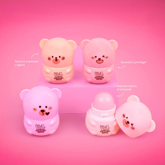 Labial Bálsamo Osita Kawaii Reve'l en 4 colores melocotón, rosa claro, lila y rosa bebé, textura cremosa ligera que hidrata suaviza y protege los labios