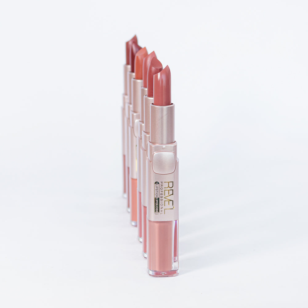 Reve'l labial y lipgloss 2 en 1 matte en estuche rosa dorado, disponible en tonos nude y tierra