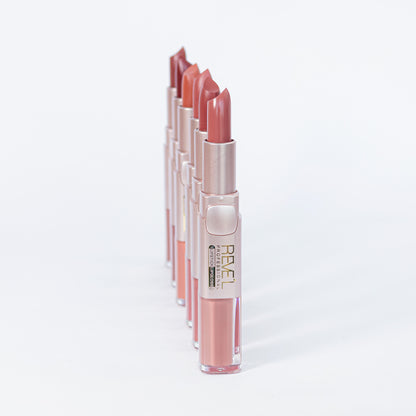 Reve'l labial y lipgloss 2 en 1 matte en estuche rosa dorado, disponible en tonos nude y tierra