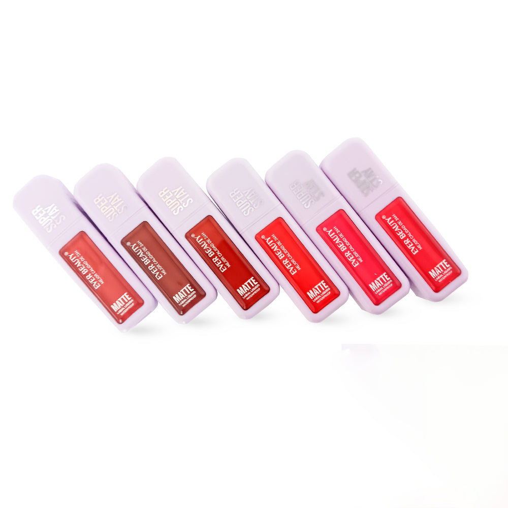 Labial Líquido Matte Super Stay Waterproof Ever Beauty en 6 tonos nude, marrón, rojo oscuro, rojo, coral y rojo brillante en empaque rectangular lila