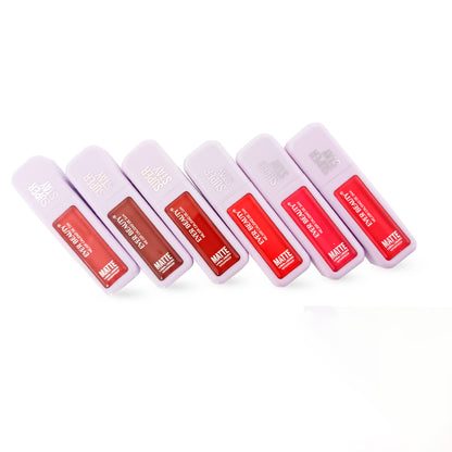 Labial Líquido Matte Super Stay Waterproof Ever Beauty en 6 tonos nude, marrón, rojo oscuro, rojo, coral y rojo brillante en empaque rectangular lila