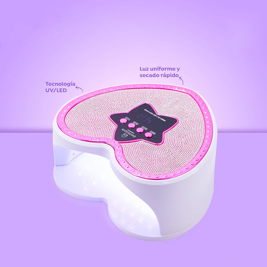 Lámpara UV LED para uñas Bellespa Cosmetics en forma de corazón decorada con estrás rosa, temporizador digital en forma de estrella y tecnología UV/LED de luz uniforme y secado rápido