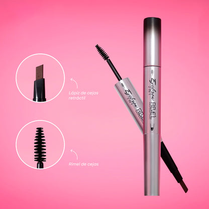 2-in-1 Eyebrow Pencil and Brow Mascara with retractable flat tip and spoolie – Revel Professional on pink background