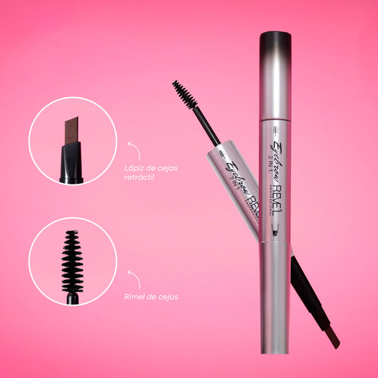 2-in-1 Eyebrow Pencil and Brow Mascara with retractable flat tip and spoolie – Revel Professional on pink background