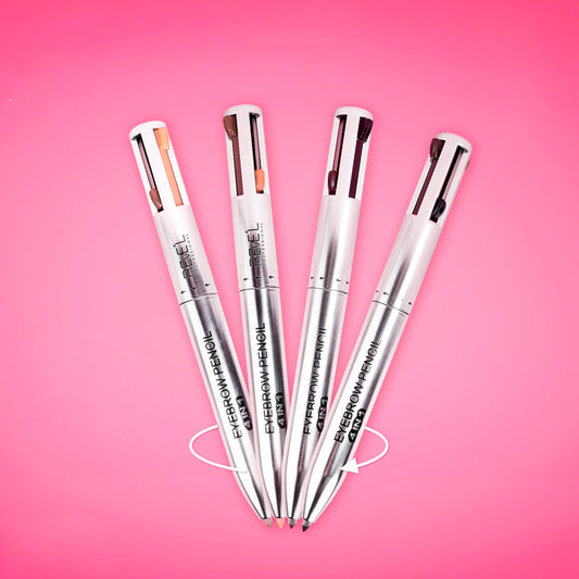 4-in-1 Eyebrow Pencil with highlighter in 4 shades, retractable multi-tip brow pencil by Revel Professional on pink background