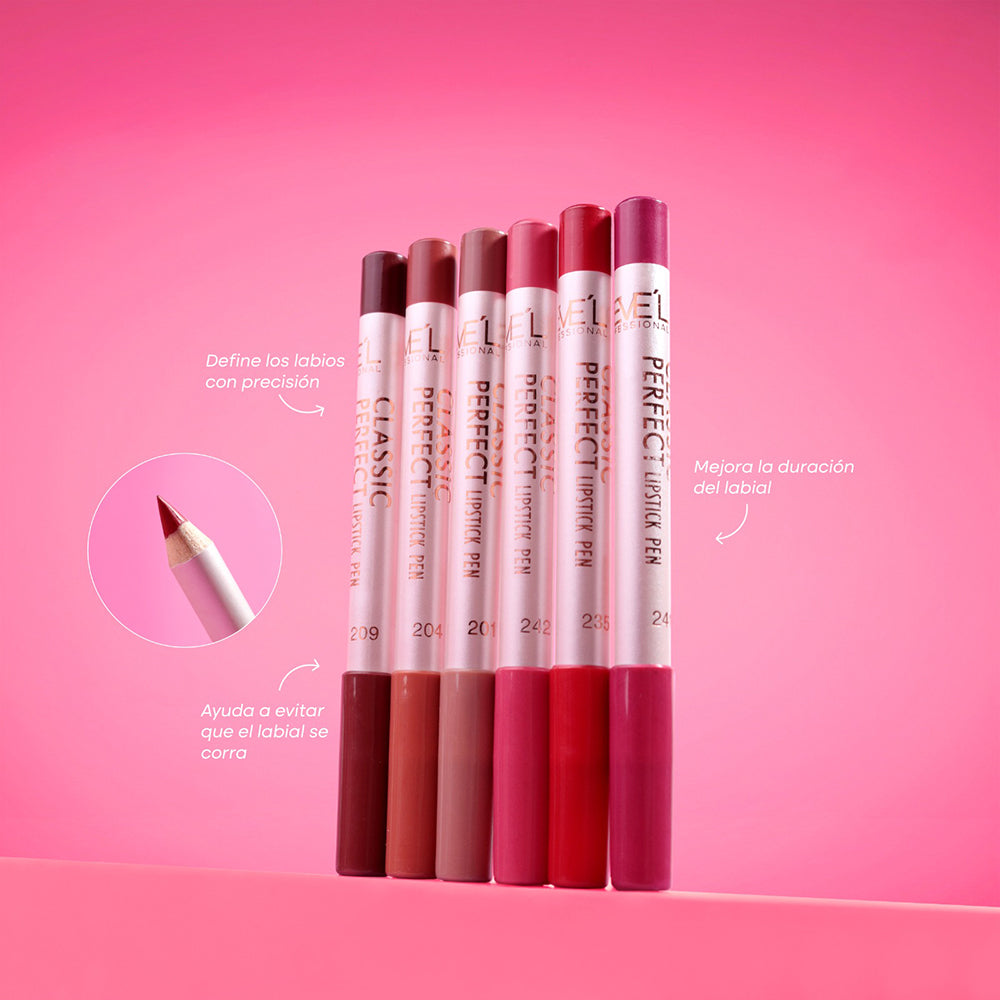 Lápiz Delineador Labios Classic Perfect Lipstick Pen Reve'l en 6 tonos vino, nude marrón, nude rosa, rojo, fucsia y rosa para definición precisa