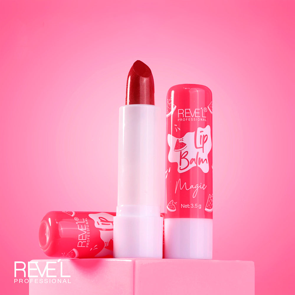 Reve'l Professional Lip Balm Magic Sandía en barra blanca con empaque rosa, bálsamo hidratante con aroma a sandía, 3.5g