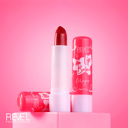 Reve'l Professional Lip Balm Magic Sandía en barra blanca con empaque rosa, bálsamo hidratante con aroma a sandía, 3.5g