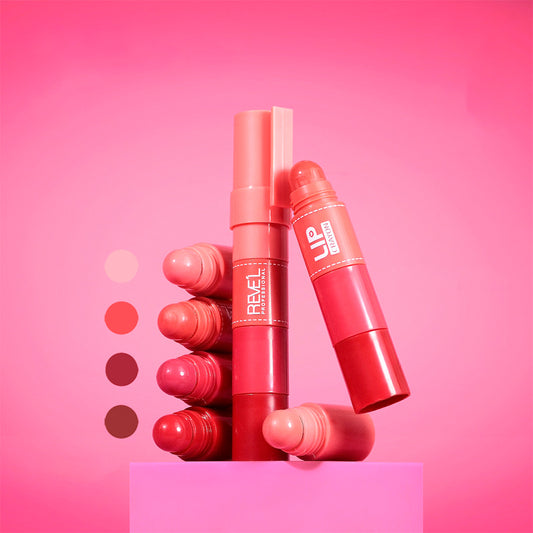 Reve'l Professional Lip Crayon con puntas intercambiables en tonos rosa, coral, vino y nude, envase cilíndrico con tapa