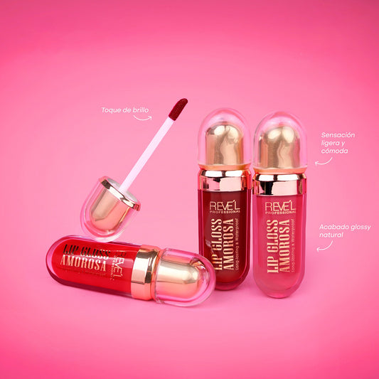 Lip Gloss Amorosa Long Lasting Waterproof Reve'l en tonos rojo vino, rojo y rosa, frasco cápsula con tapa dorada rose gold y acabado glossy natural