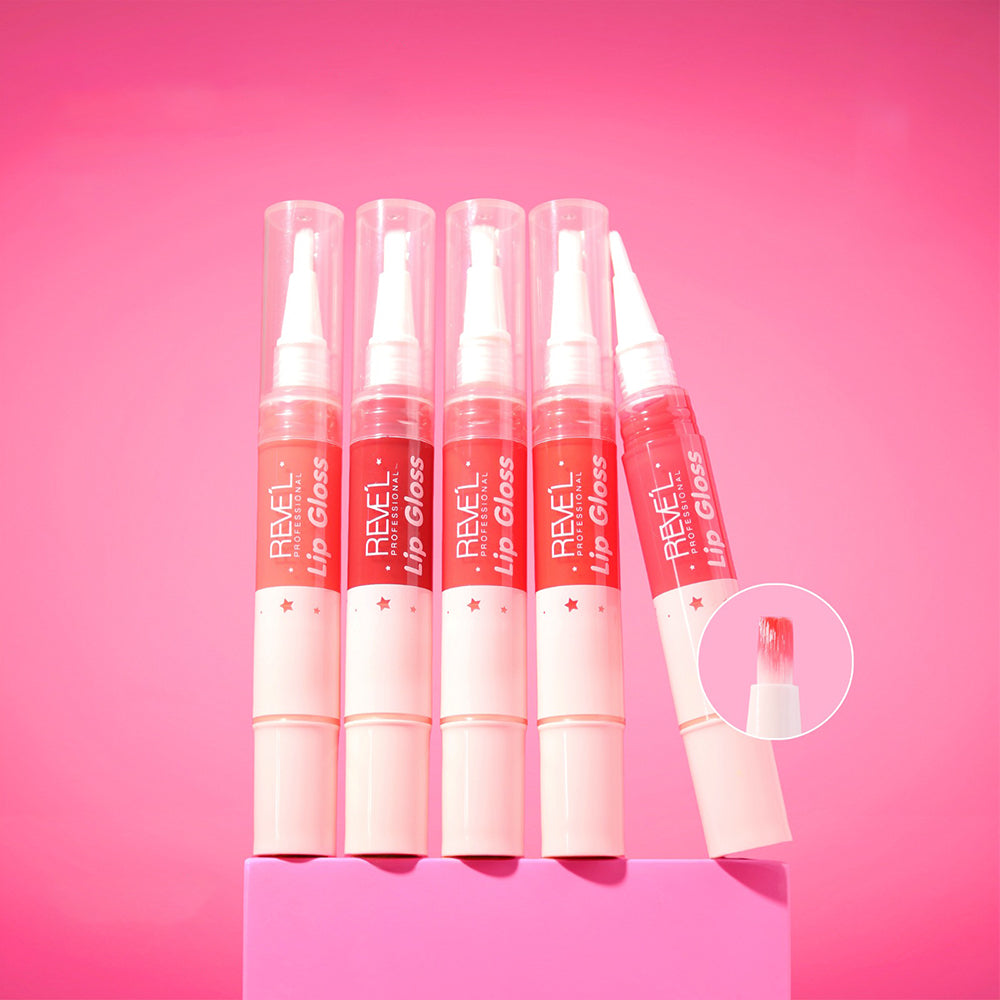 Reve'l Professional Lip Gloss brillante en tonos rojos y rosas con aplicador de brocha plana, envase transparente con tapa blanca