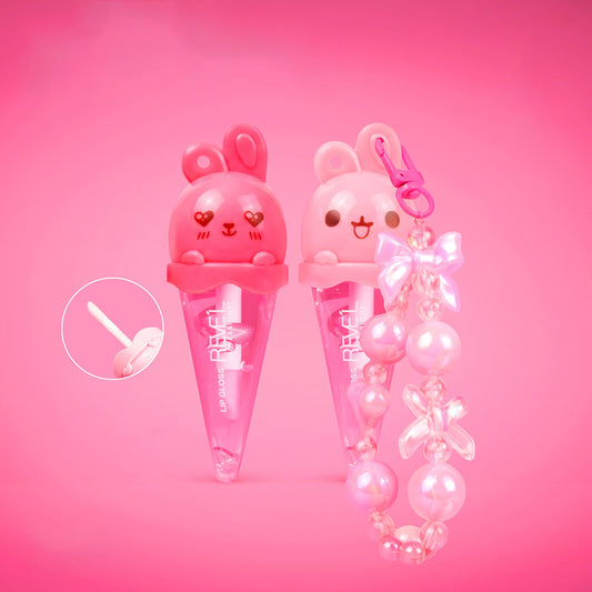 Lip Gloss conejito kawaii forma cono Reve'l en tonos rosa fucsia y rosa claro con llavero de perlas y moño iridiscente incluido