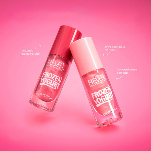 Lip Gloss Frozen Yogurt Reve'l Professional en tonos rojo y rosa, acabado glossy natural con brillo y toque de color, textura ligera y cómoda