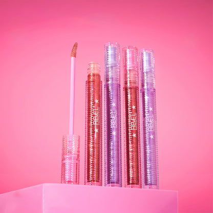 Reve'l Professional Lip Gloss glitter escarchado efecto diamante, envase transparente con aplicador, acabado brillante y luminoso