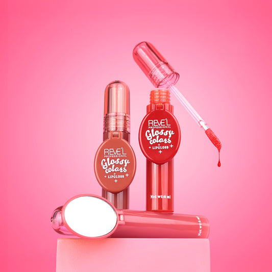 Lip Gloss Glossy Colors 6ml Reve'l con espejo integrado en tonos nude marrón y rojo, fórmula ligera para labios jugosos hidratados y brillantes