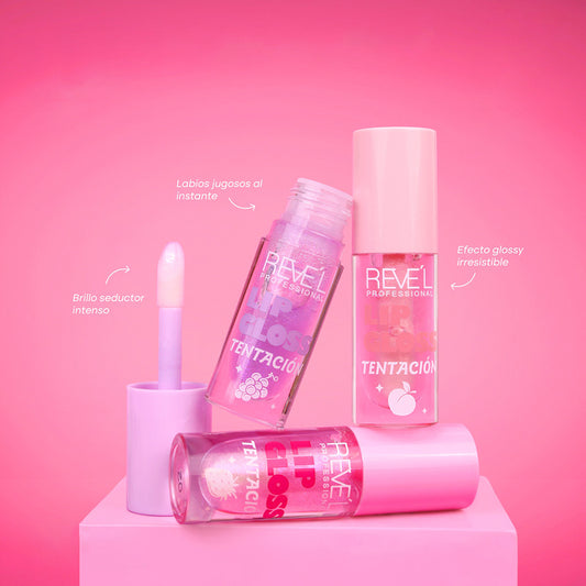 Lip Gloss Tentación Reve'l en 3 sabores uva lila, durazno rosa y fresa fucsia, brillo seductor intenso y efecto glossy irresistible para labios jugosos