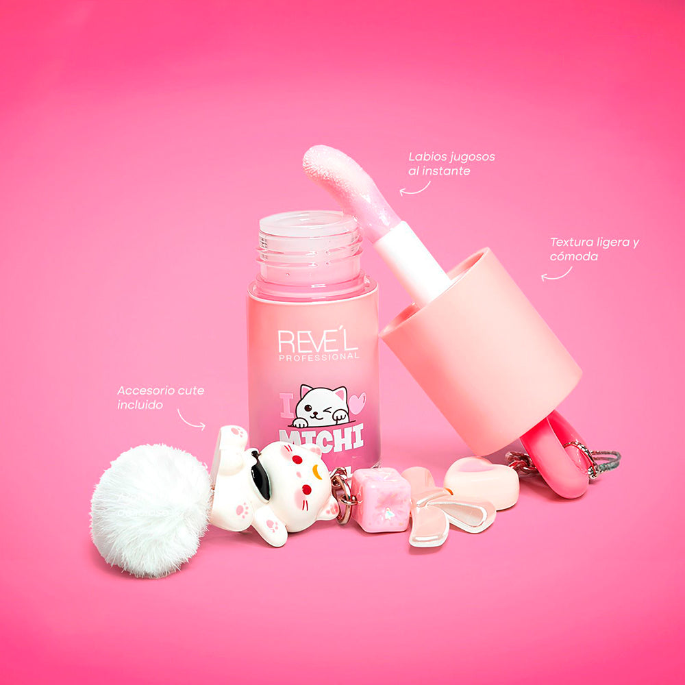 Lip Oil I Love Michi Reve'l Professional rosa con aplicador esponja y accesorio llavero gatito kawaii con pompón y charms incluidos