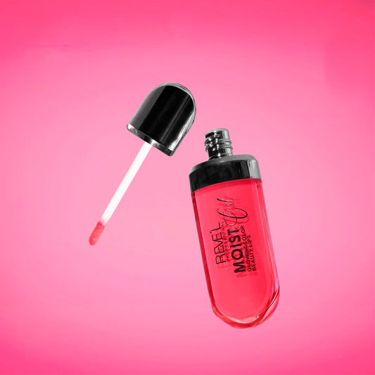 Lip Oil Moist Glowing Color Beauty Lips Reve'l abierto en tono rosa coral, fórmula ligera nutritiva para labios jugosos luminosos sin pegajosidad