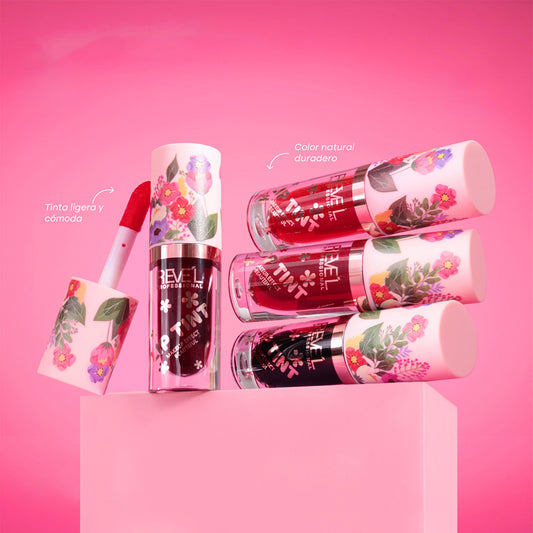 Lip Tint Natural Duradero 6 Tonos Floral Reve'l Professional con aplicador esponja cuadrada en tonos rojo, frambuesa y oscuro con diseño floral