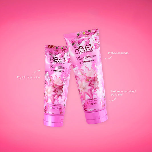 Love Illusion Symphony Loción Corporal Perfumada 236ml Reve'l Professional con diseño floral rosa intenso en dos tubos tamaños
