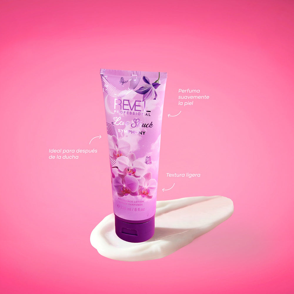 Love Struck Symphony Loción Corporal Perfumada 236ml Reve'l Professional con diseño floral lila y orquídeas en tubo morado