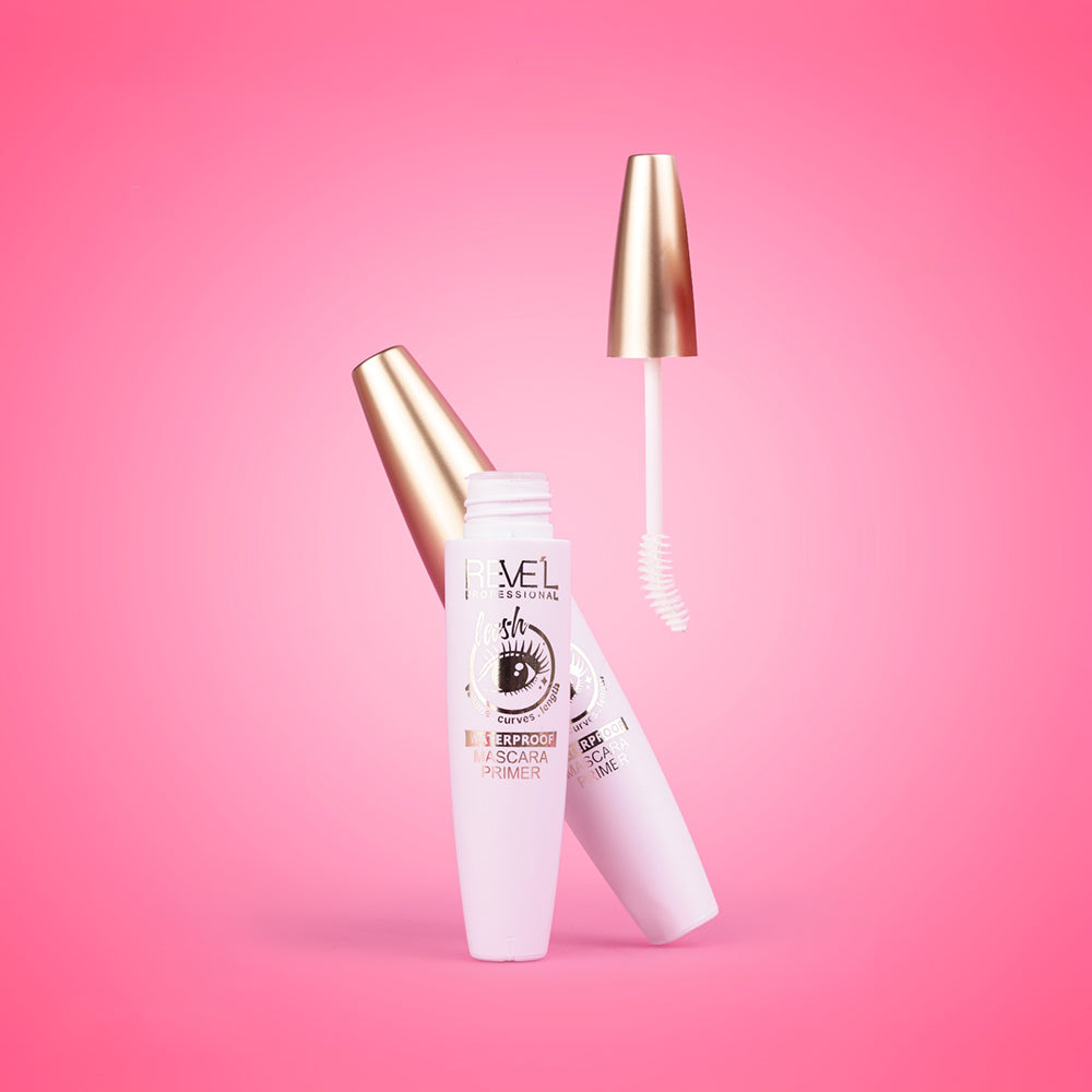 Mascara Primer Lash Curves Waterproof Reve'l Professional en envase blanco con tapa dorada y aplicador espiral