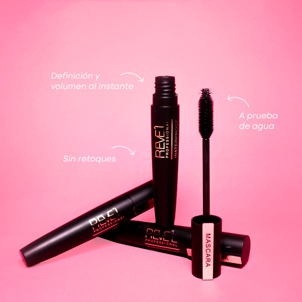 Máscara de pestañas Waterproof Reve'l Professional volumen y definición al instante fórmula ultra dark a prueba de agua empaque negro