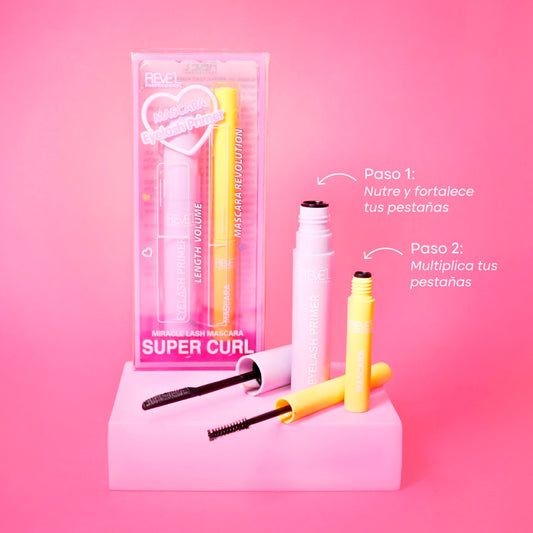 Set máscara Miracle Lash Super Curl y Eyelash Primer Reve'l duo 2 pasos volumen y definición de pestañas
