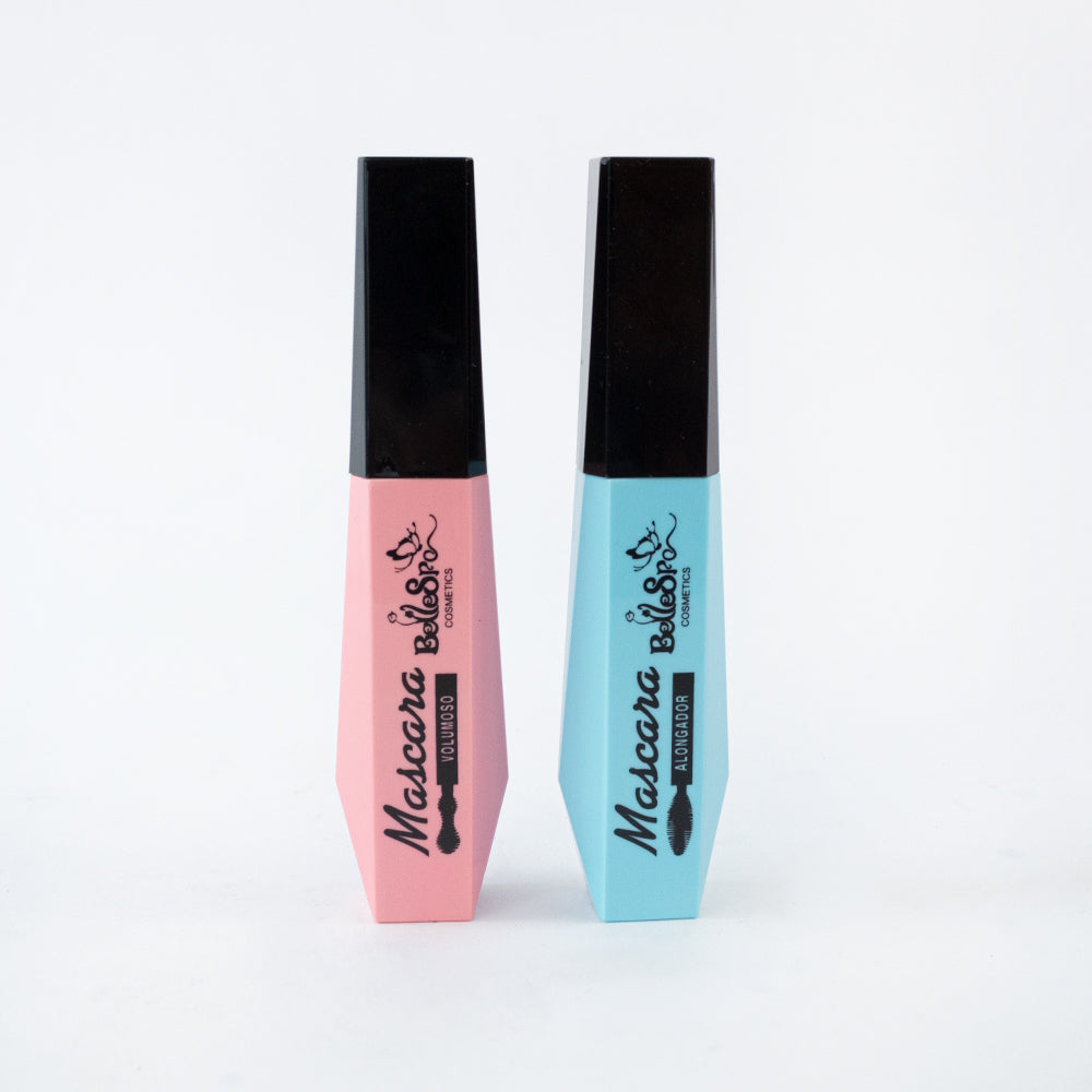 Bellespa Mascara Volumoso en tubo rosa y Mascara Alongador en tubo azul con tapa negra sobre fondo blanco