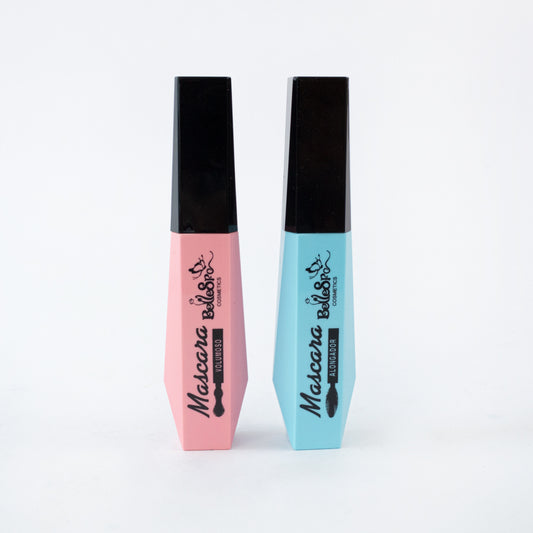 Bellespa Mascara Volumoso en tubo rosa y Mascara Alongador en tubo azul con tapa negra sobre fondo blanco
