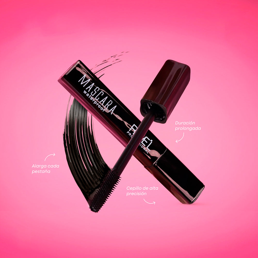 Máscara Waterproof Alargadora Reve'l Professional en tubo vino oscuro con cepillo de alta precisión y textura negra