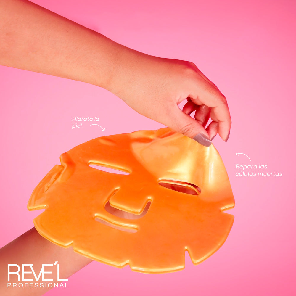Mascarilla facial hidratante de gel naranja con ácido hialurónico Reve'l Professional para hidratar y reparar células muertas sobre fondo rosado