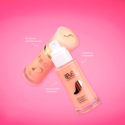 Matte Liquid Foundation Larga Duración Base Líquida Reve'l – Dos frascos con dispensador tipo bomba y detalles dorados en tono beige, fondo rosa