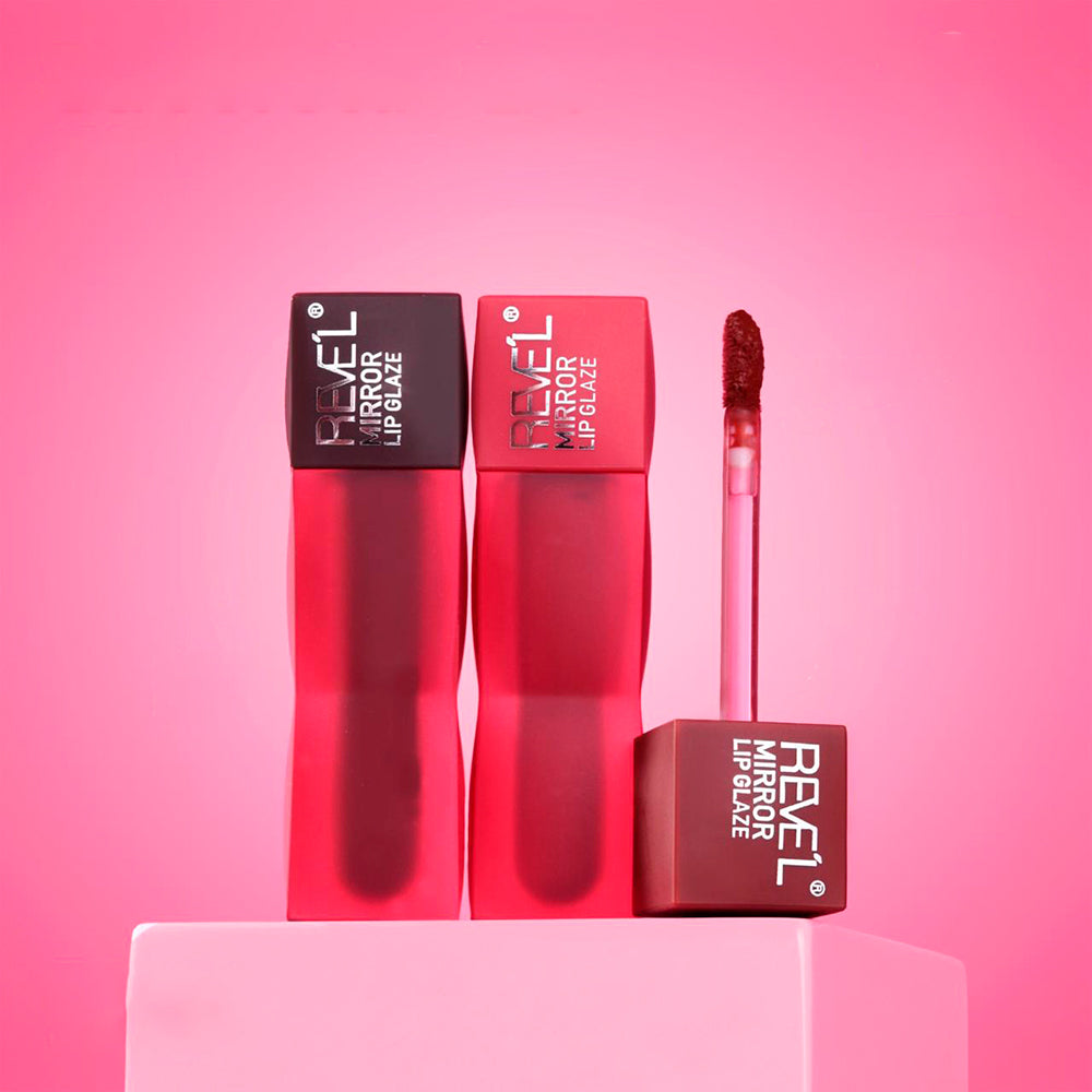Mirror Lip Glaze Reve'l tinta de labios efecto espejo en tonos rojo y vino, envase cuadrado con aplicador, acabado glossy intenso