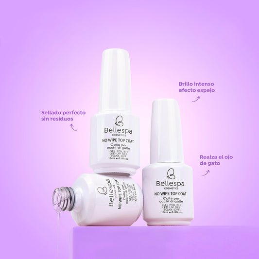 No Wipe Top Coat Ojos de Gato LED/UV 15ml Bellespa Cosmetics en tres frascos blancos con gel polish soak-off