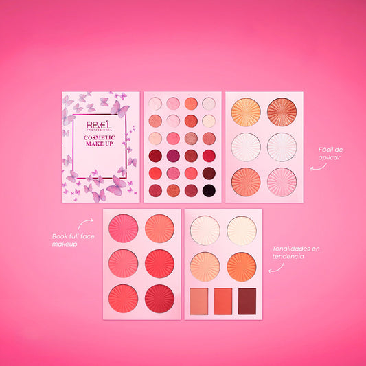 Paleta de maquillaje completo Reve'l Professional Cosmetic Make Up Book con sombras, rubores, iluminadores, bronceadores y labiales en estuche tipo book rosado con diseño de mariposas