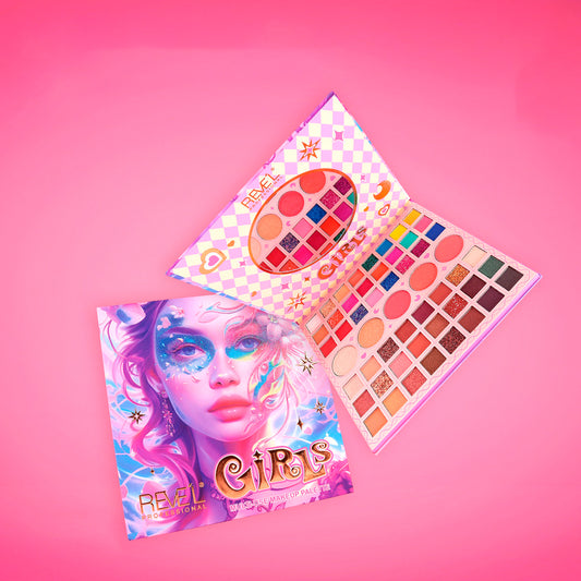 Paleta de maquillaje multifuncional Reve'l Professional Girls con sombras, rubores e iluminadores en tonos vibrantes y acabados mate, satinado y glitter, presentada en estuche rosado con diseño artístico fantasía