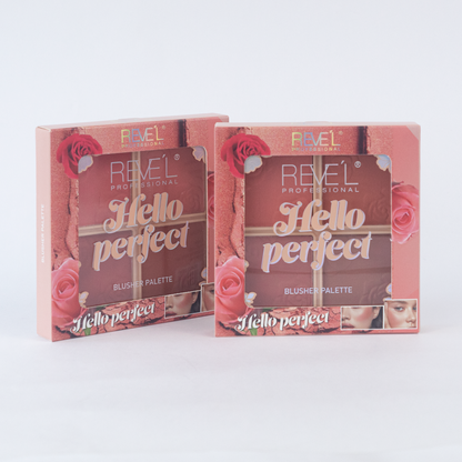 Paleta de rubor Hello Perfect Blusher Reve'l Professional en caja de empaque con diseño de rosas sobre fondo blanco
