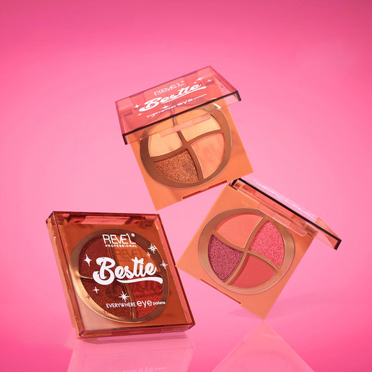 Paleta de sombras Bestie Everywhere Eye 4 colores tonos coral y borgoña acabados matte y glitter – Reve'l Professional