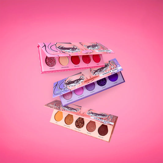 Paleta de sombras Crazy Girl 5 colores glitter matte y shimmer en tonos rojos morados y dorados – Reve'l Professional