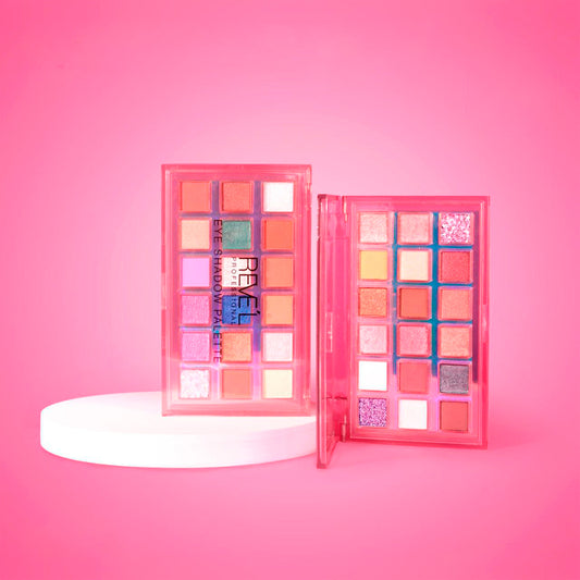 Paleta de Sombras Eye Shadow Palette 18 Tonos Revel Professional abierta mostrando tonos en coral, melocotón, lavanda, teal, azul y glitter con acabados mate, satinado y shimmer en compacto transparente ros