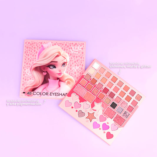 Paleta de sombras Linda 48 colores con acabados shimmer matte y glitter en tonos rosados corales y neutros – Reve'l